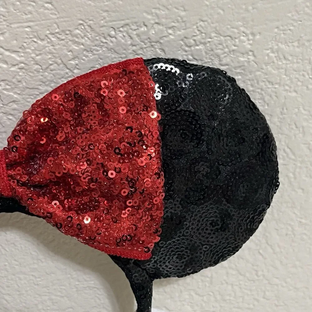 Disney Parks Minnie Mouse Ears Red Bow Black Sequin Headband